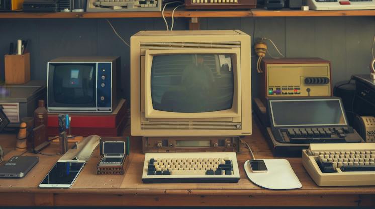 Desk crowded with vintage computers and CRT monitors alongside modern smartphones and a tablet