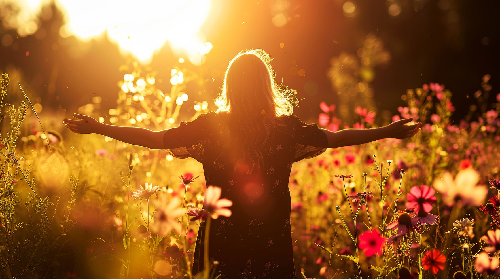 Woman seen from behind with arms outstretched in a sunlit wildflower meadow