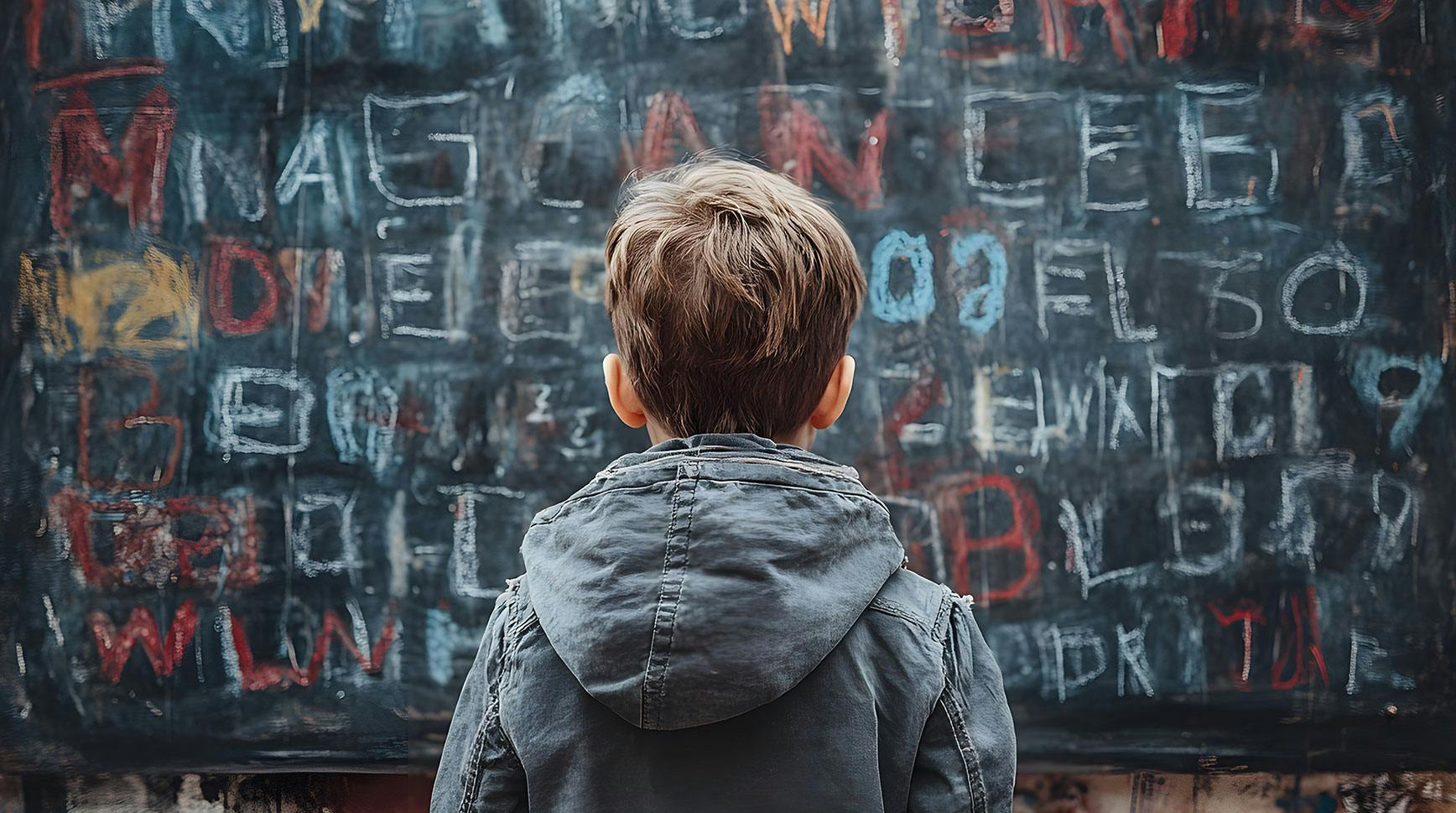 Boy seen from behind facing a chalkboard covered in jumbled, overlapping letters