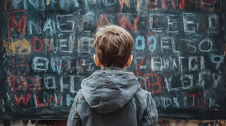 Boy seen from behind facing a chalkboard covered in jumbled, overlapping letters