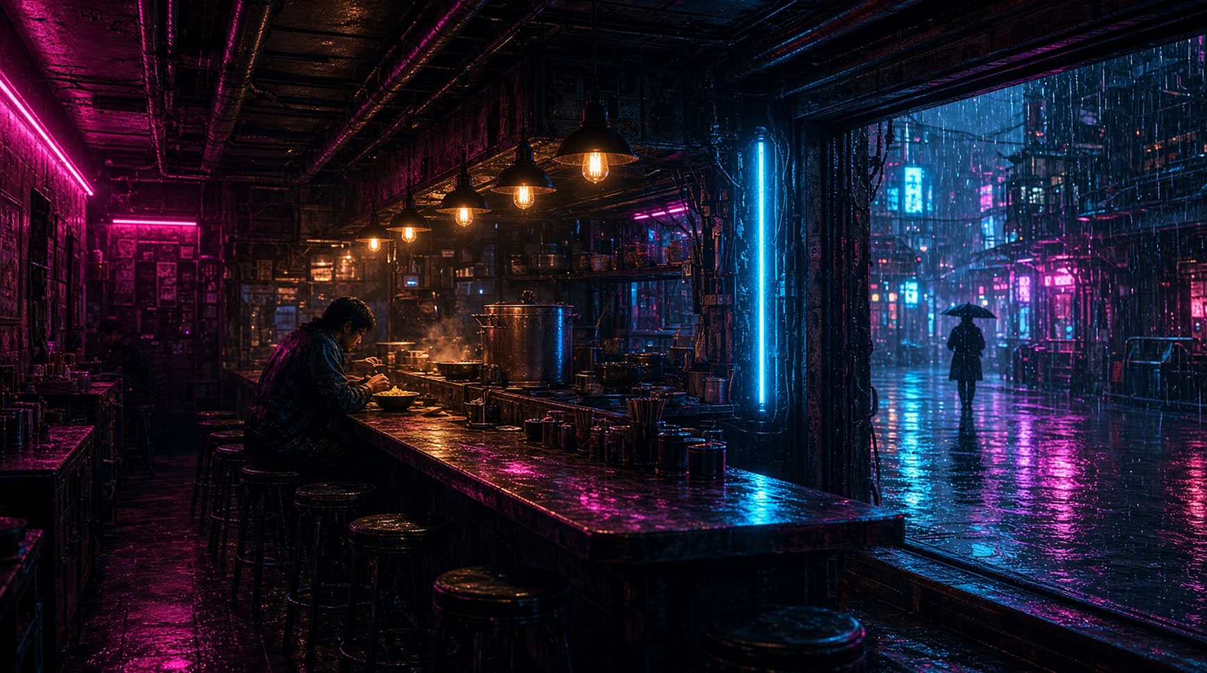 Neon-lit noodle bar on a rainy night with a lone diner at the counter and a figure with an umbrella passing outside