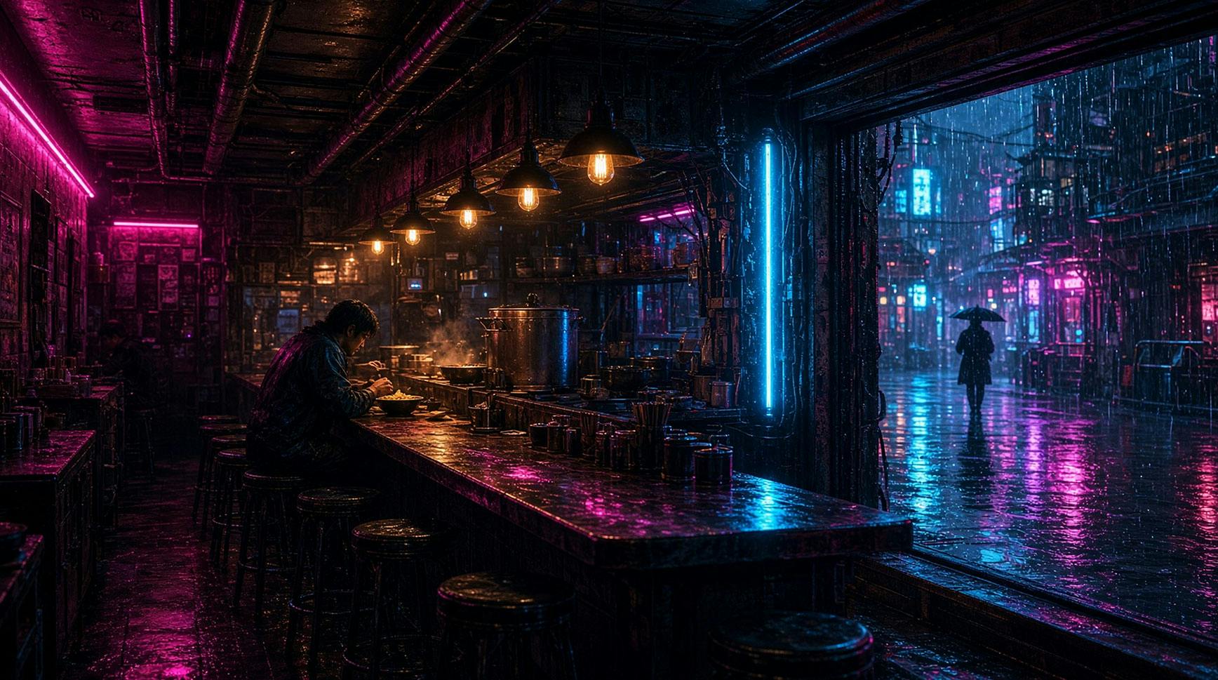 Neon-lit noodle bar on a rainy night with a lone diner at the counter and a figure with an umbrella passing outside