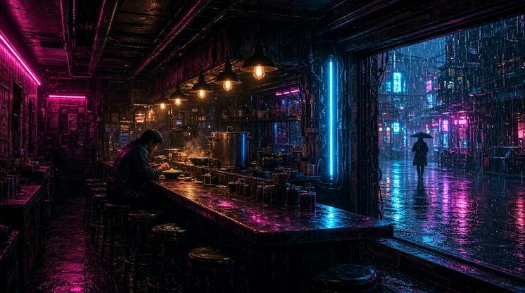 Neon-lit noodle bar on a rainy night with a lone diner at the counter and a figure with an umbrella passing outside