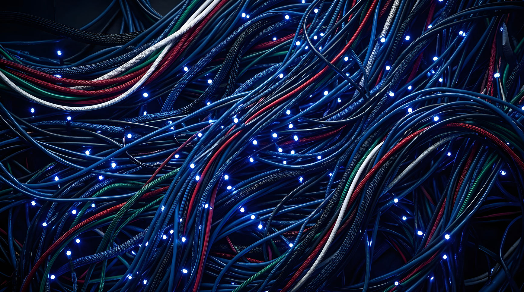 Dense tangle of network cables studded with glowing lights, evoking the buzz around AI