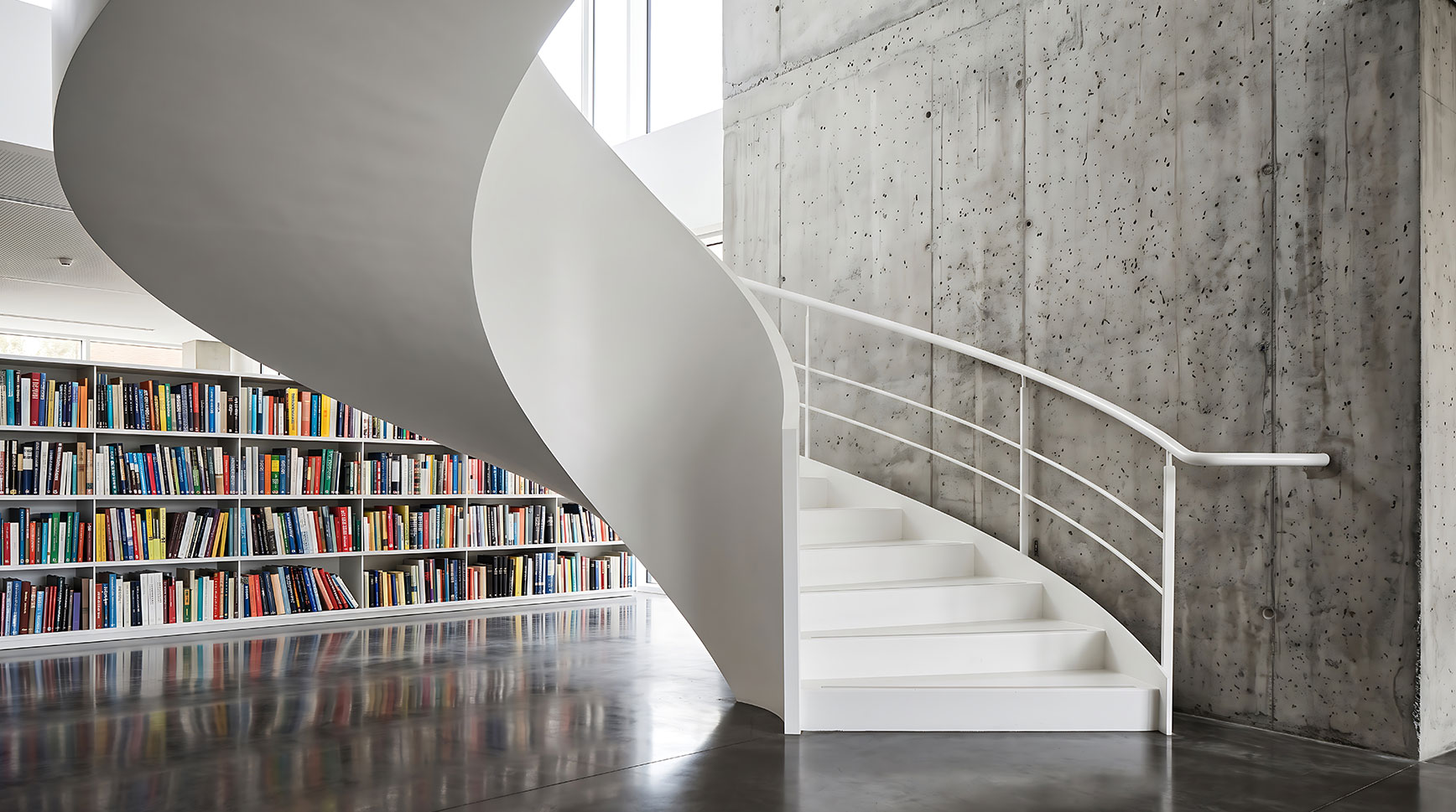White spiral staircase in a modern library beside a wall of colorful bookshelves