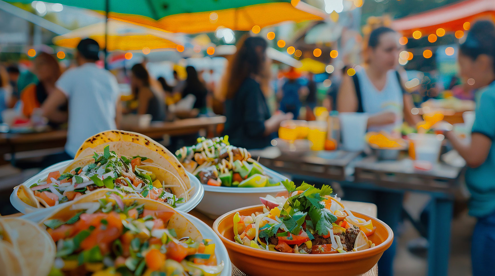 Tacos and bowls of fresh toppings on a table at a busy outdoor food market strung with lights