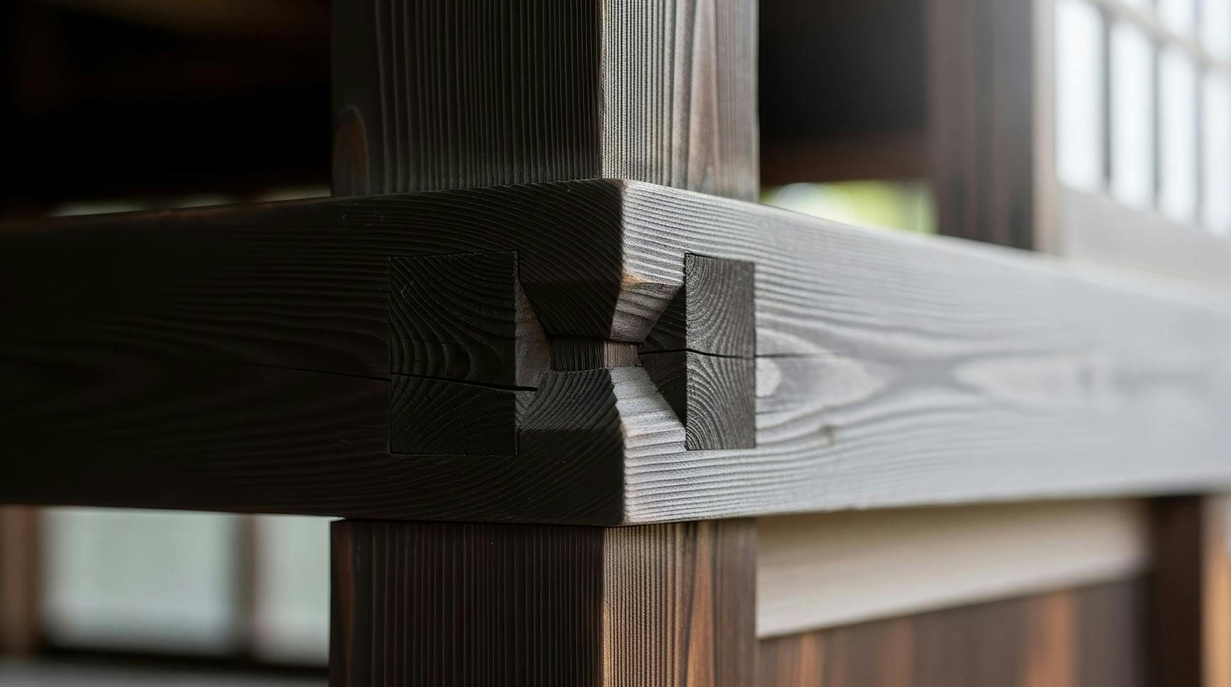 Close-up of a dark timber post and beam locked together with a tight mortise-and-tenon joint