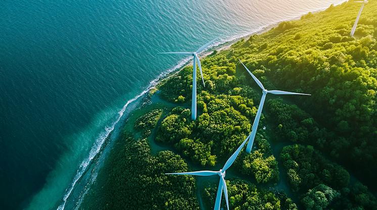 Aerial view of wind turbines on a forested coastline beside the sea