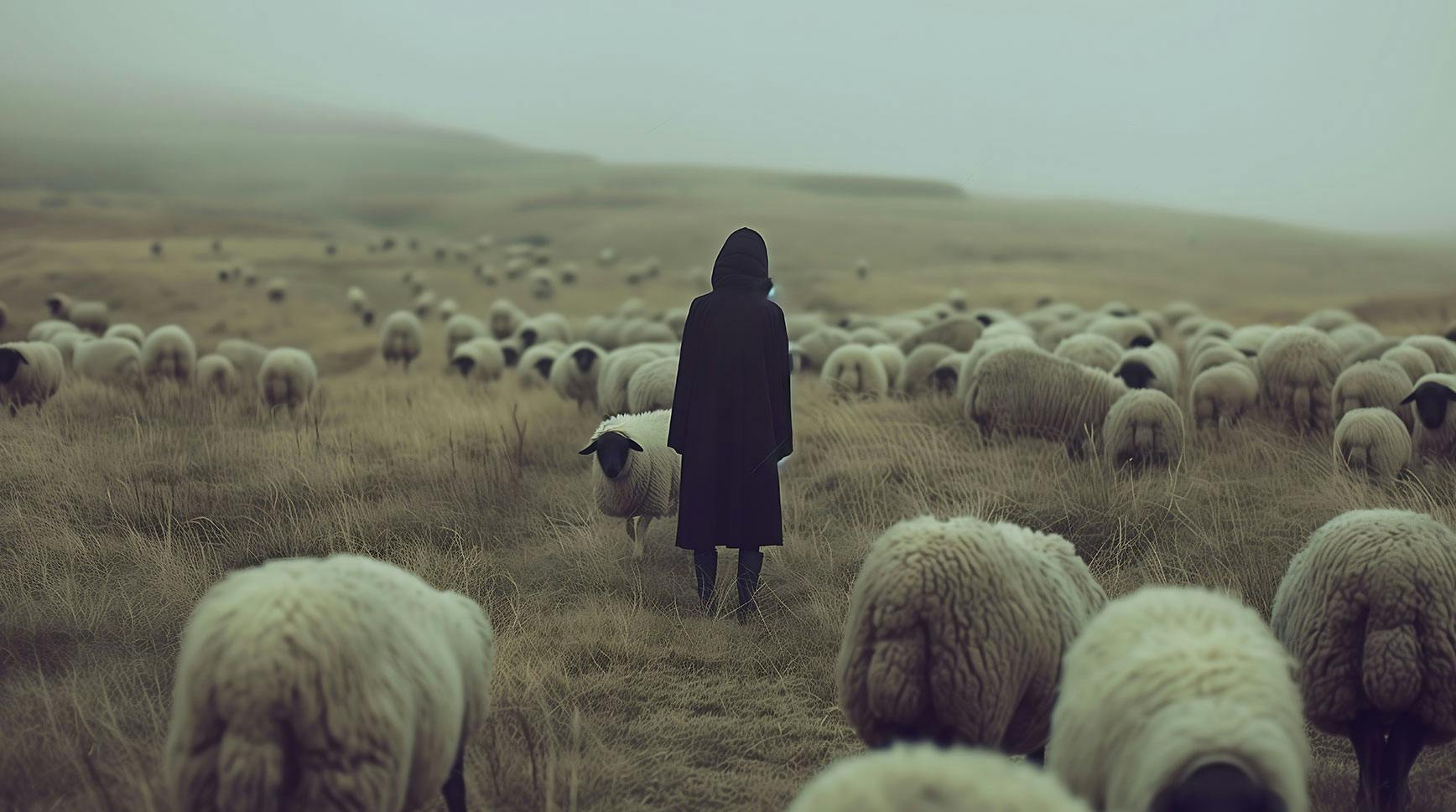 Hooded figure in a dark cloak standing alone among a flock of sheep in a misty field
