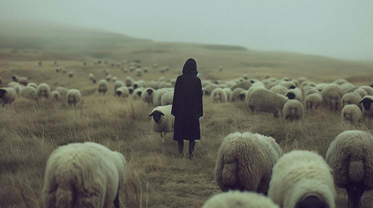 Hooded figure in a dark cloak standing alone among a flock of sheep in a misty field