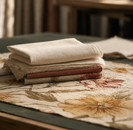 Folded fabric samples on a work table