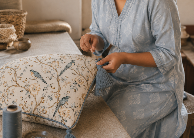 Woman sewing the tassel on a  patterned pillow