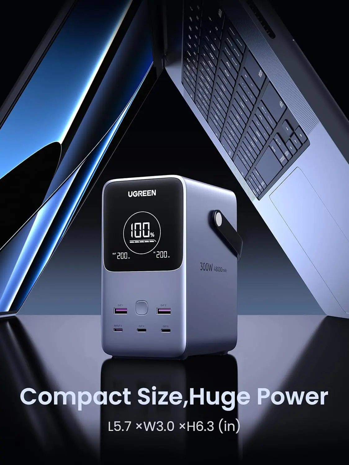 UGREEN 300W 48,000mAh Portable Charger Power Bank with Smart Digital Display, Lighting and SOS Mode, 153Wh 5 Ports USB C Battery Pack