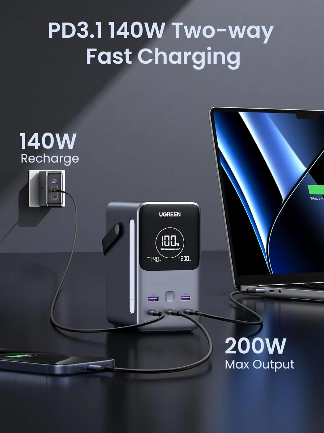 UGREEN 300W 48,000mAh Portable Charger Power Bank with Smart Digital Display, Lighting and SOS Mode, 153Wh 5 Ports USB C Battery Pack photo 1