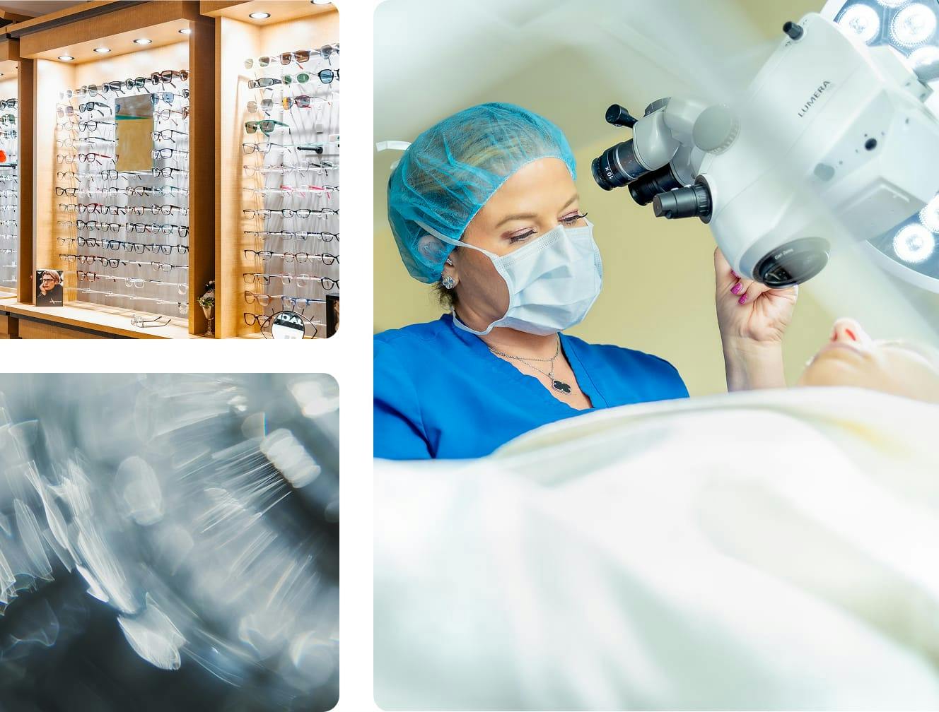 doctor treating a patient | glasses on racks | abstract art