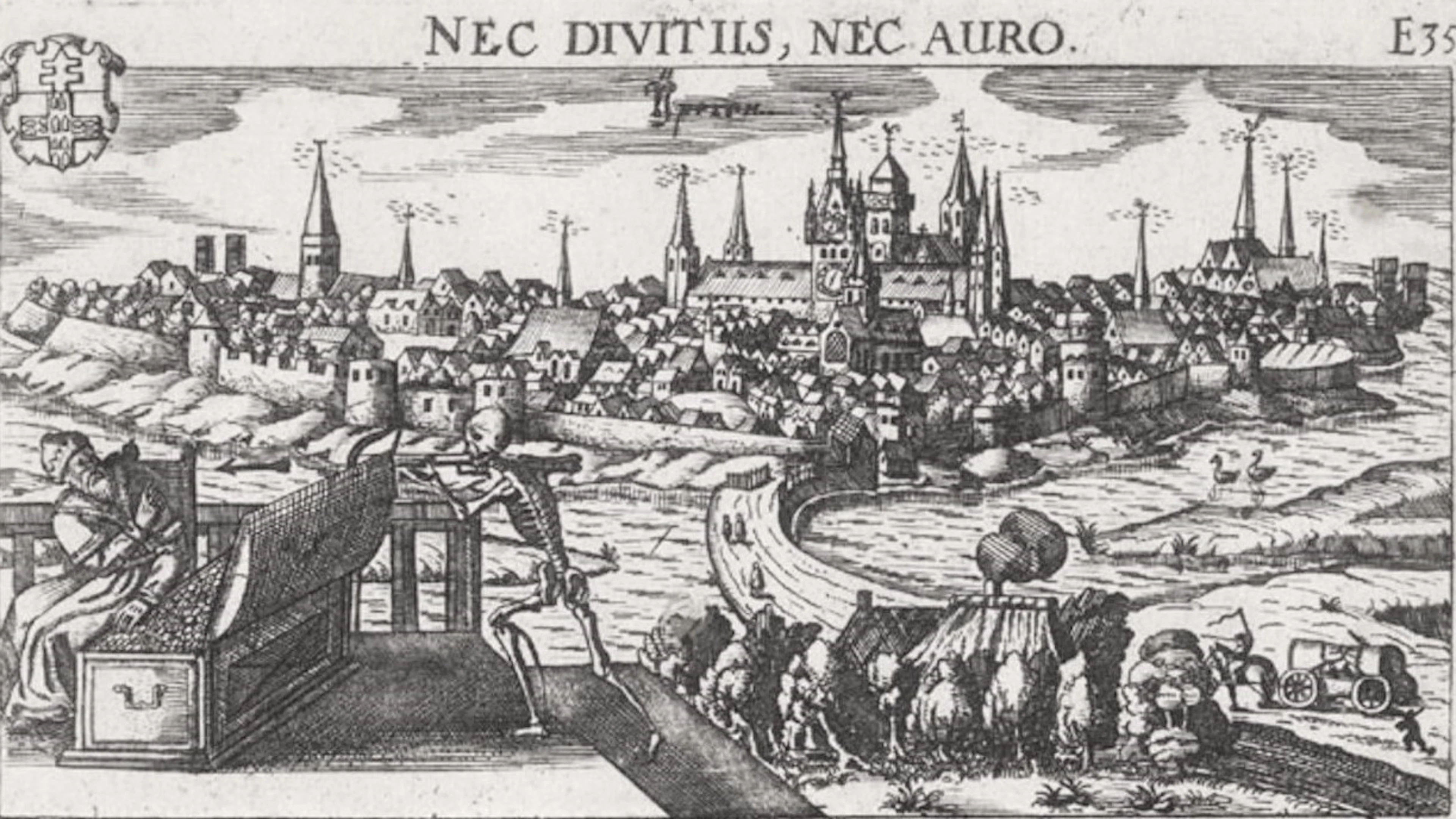 Nec Divitiis, Nec Auro - dood bedreigt de stad Ieper, 1623. Noch goud, noch rijkdom kan beschermen tegen de dood. ©Yper museum