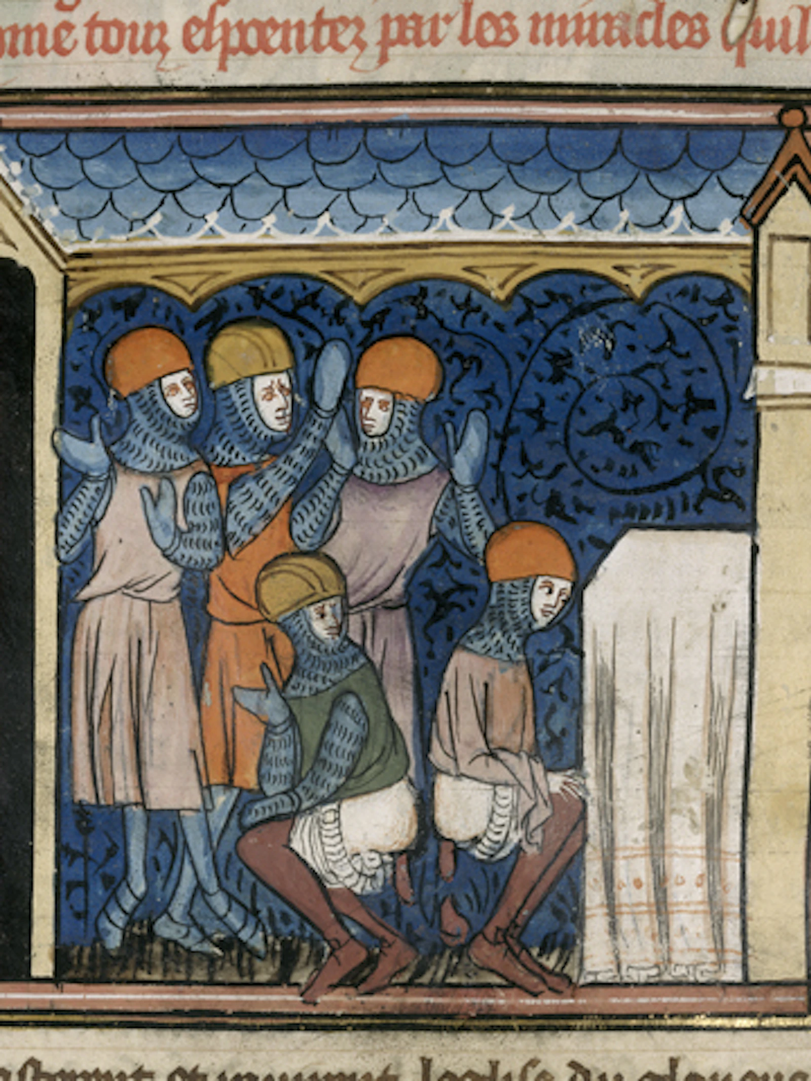 Detail van een miniatuur van de Saracenen die de Sint-Jacobskerk plunderen en ontheiligen (door te ontlasten bij het altaar), aan het begin van hoofdstuk 10 van 'Karel de Grote' boek 5 © The British Library Saracenen die de Sint-Jacobskerk ontheiligen (door te ontlasten bij het altaar), 'Karel de Grote' boek 5 © The Britisch Library