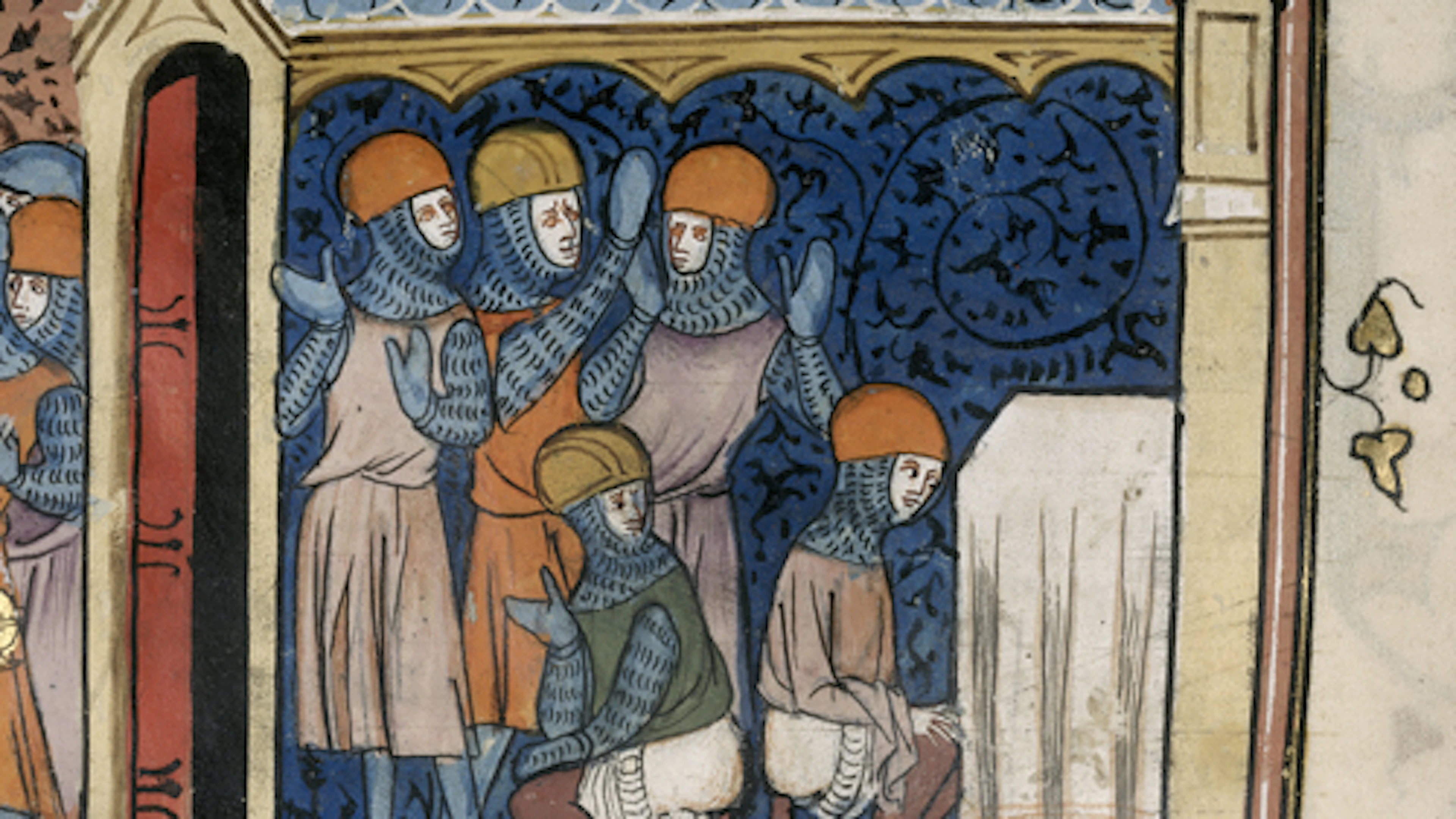 Detail van een miniatuur van de Saracenen die de Sint-Jacobskerk plunderen en ontheiligen (door te ontlasten bij het altaar), aan het begin van hoofdstuk 10 van 'Karel de Grote' boek 5 © The British Library Saracenen die de Sint-Jacobskerk ontheiligen (door te ontlasten bij het altaar), 'Karel de Grote' boek 5 © The Britisch Library