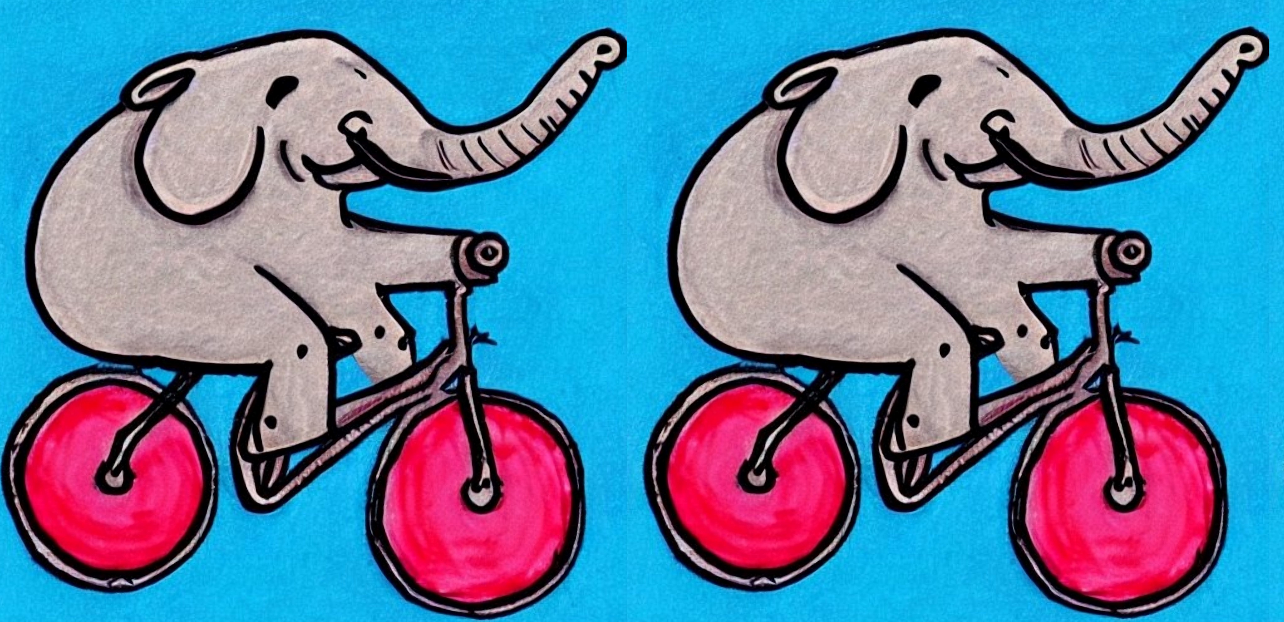 Afbeelding gegeneerd door het AI-programma Stable Diffusion met de opdracht 'draw a laughing elephant on a bike'