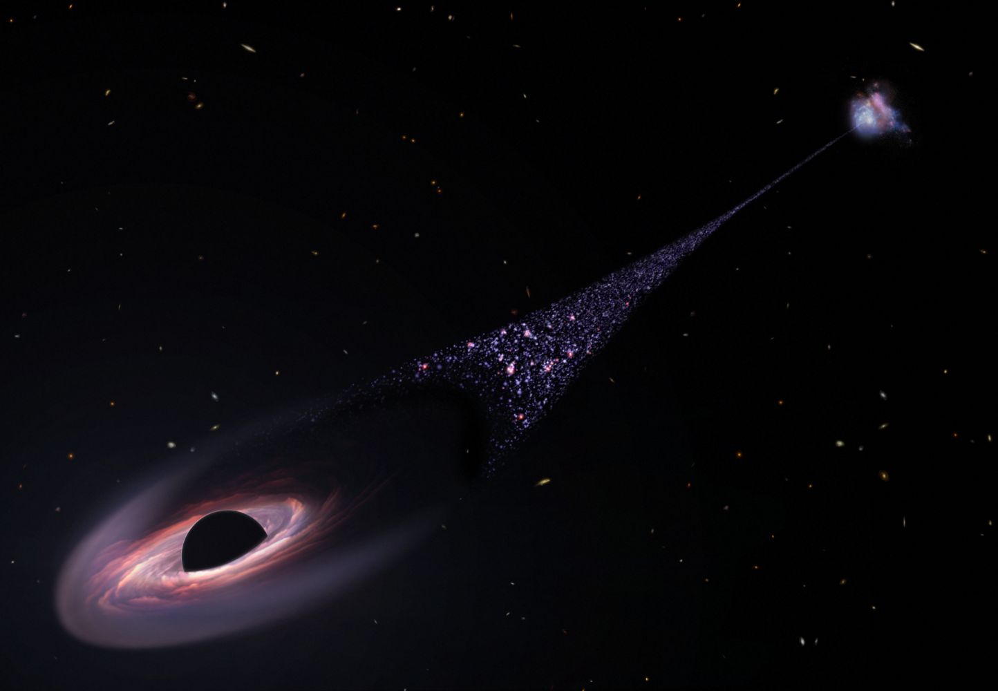 Ergens door de intergalactische ruimte raast een supermassief zwart gat