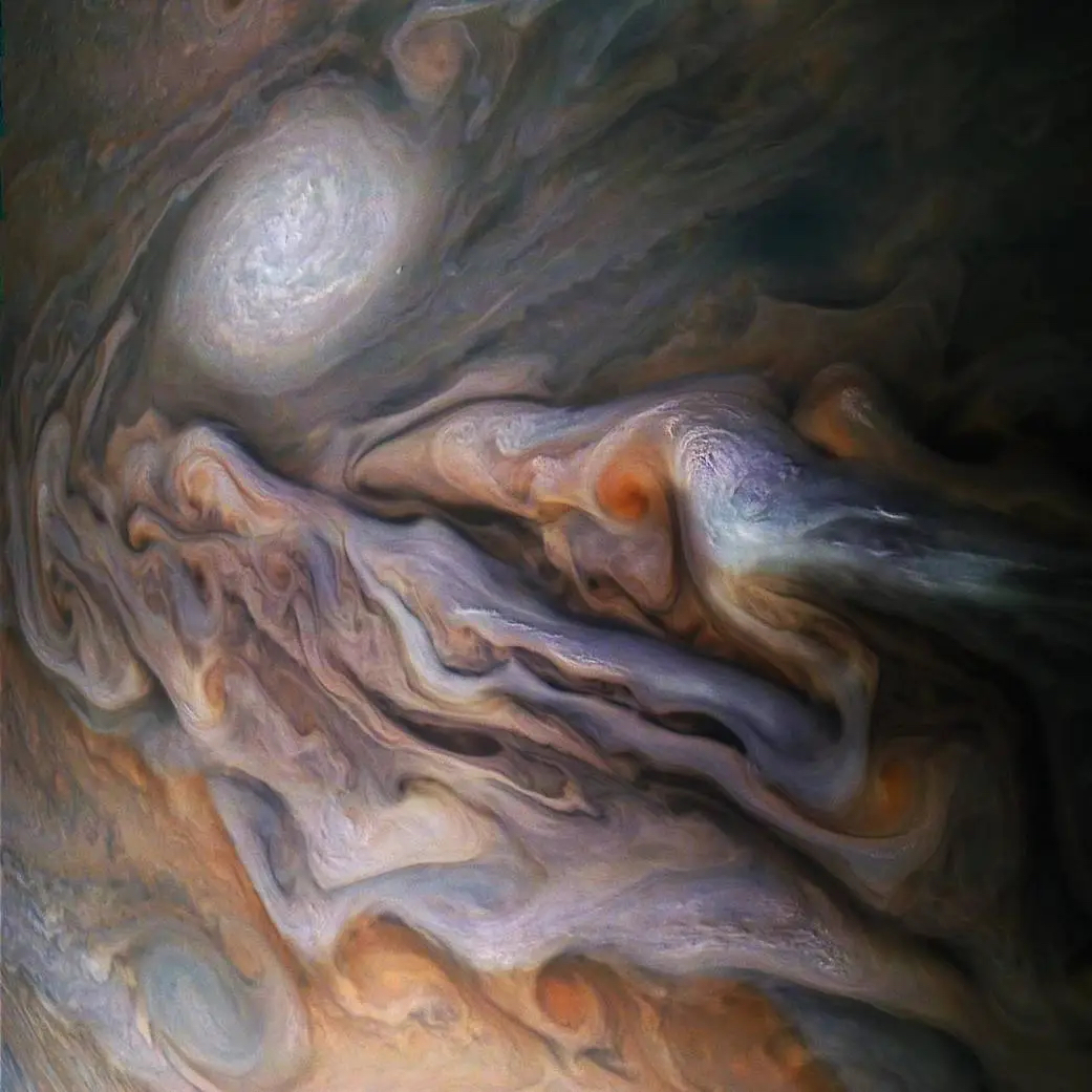 Deze opname van het turbulente wolkendek van Jupiter is op 29 oktober 2018 gemaakt door NASA-ruimtesonde Juno. (NASA)