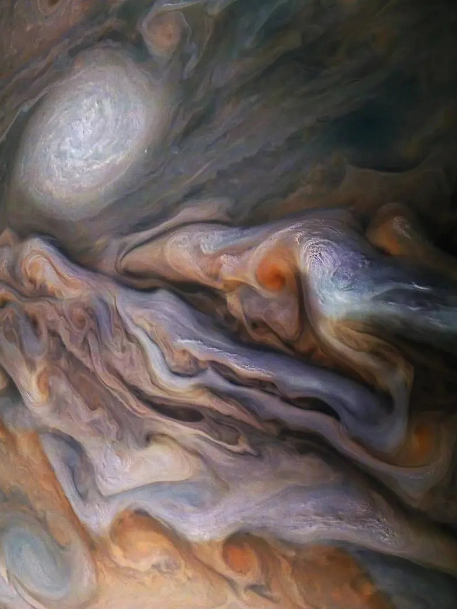 Deze opname van het turbulente wolkendek van Jupiter is op 29 oktober 2018 gemaakt door NASA-ruimtesonde Juno. (NASA)