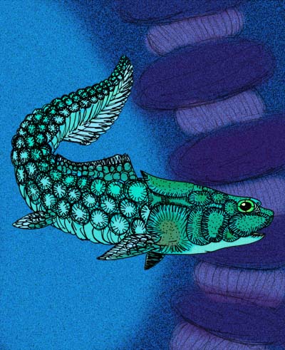 Romundina, een placoderm of pantservis uit het vroeg-devoon. (Artistieke impressie: Apokryltaros, Wikimedia Commons)