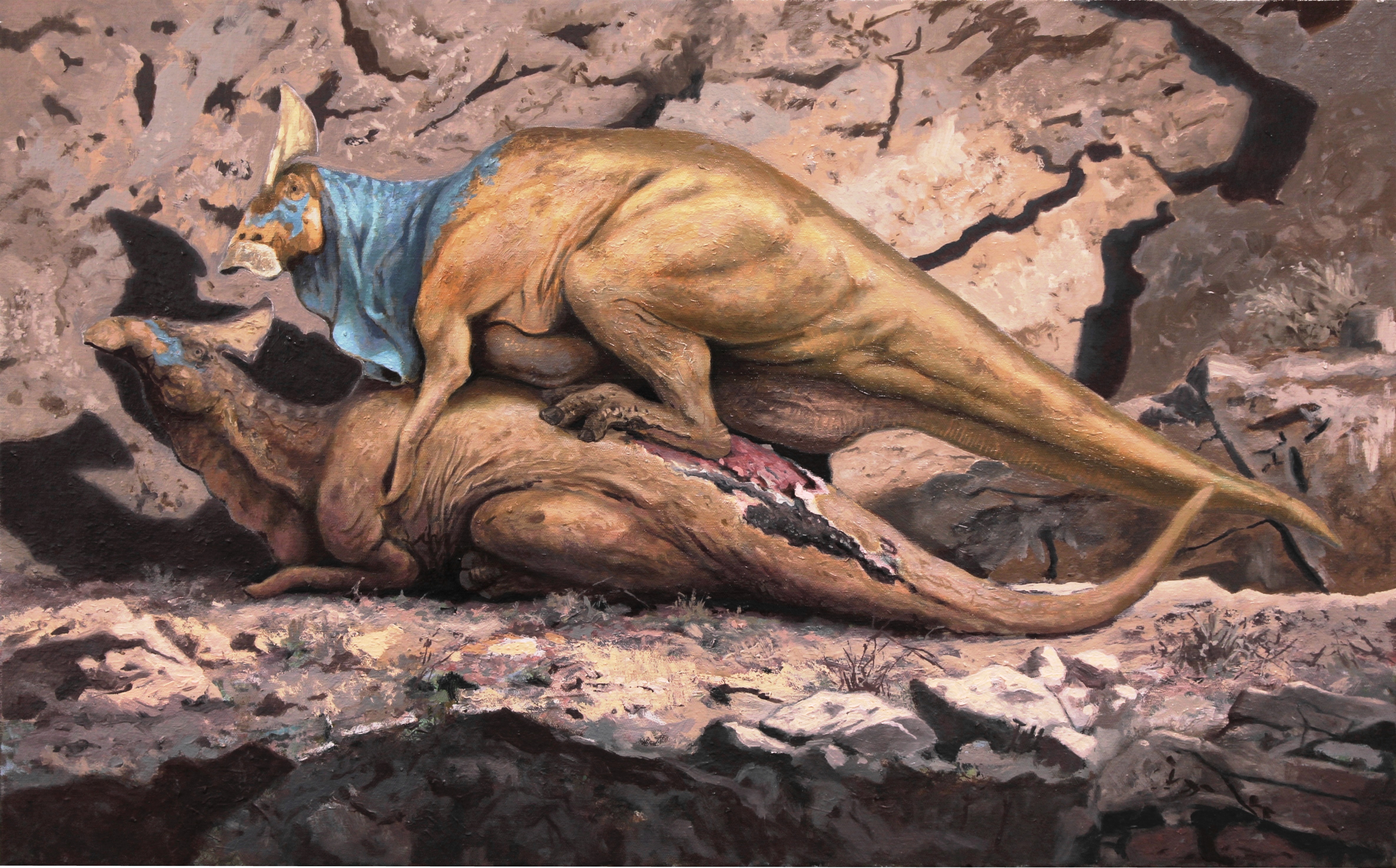 Onder het warme licht van de ondergaande zon paren twee Olorotitan, maar het gewicht van het mannetje verwondt het vrouwtje. Kunstwerk van de Italiaanse paleoartiest Troco.