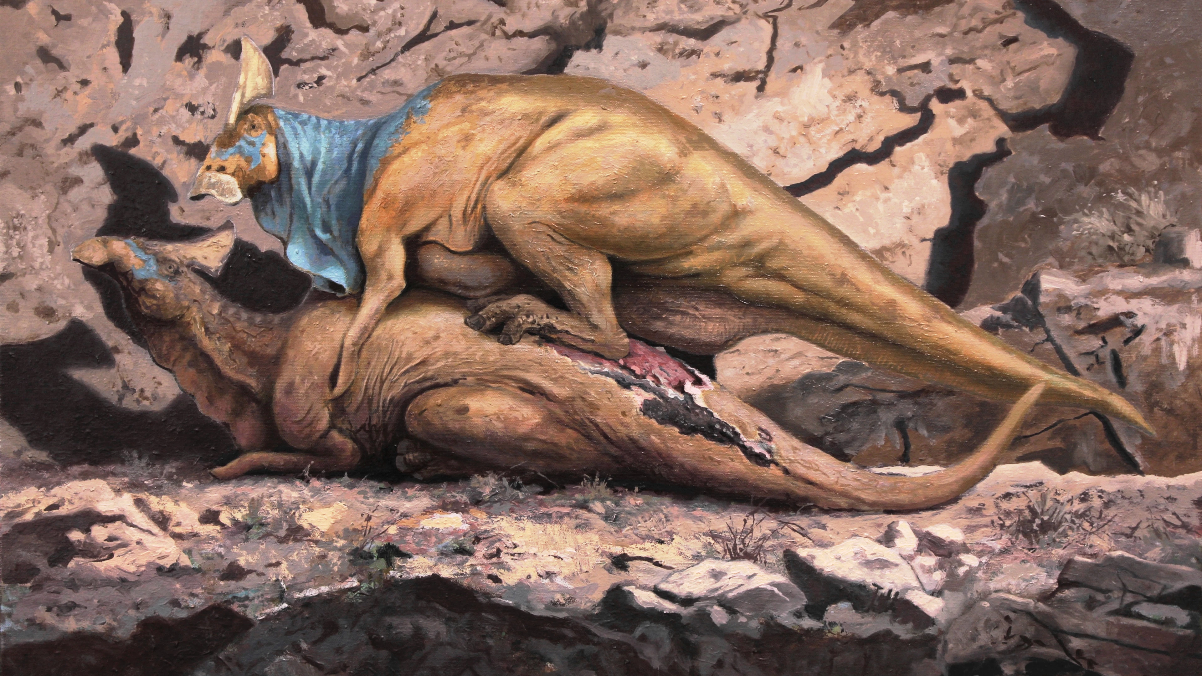 Onder het warme licht van de ondergaande zon paren twee Olorotitan, maar het gewicht van het mannetje verwondt het vrouwtje. Kunstwerk van de Italiaanse paleoartiest Troco. Onder het warme licht van de ondergaande zon paren twee Olorotitan, maar het gewicht van het mannetje verwondt het vrouwtje. Kunstwerk van de Italiaanse paleoartiest Troco.