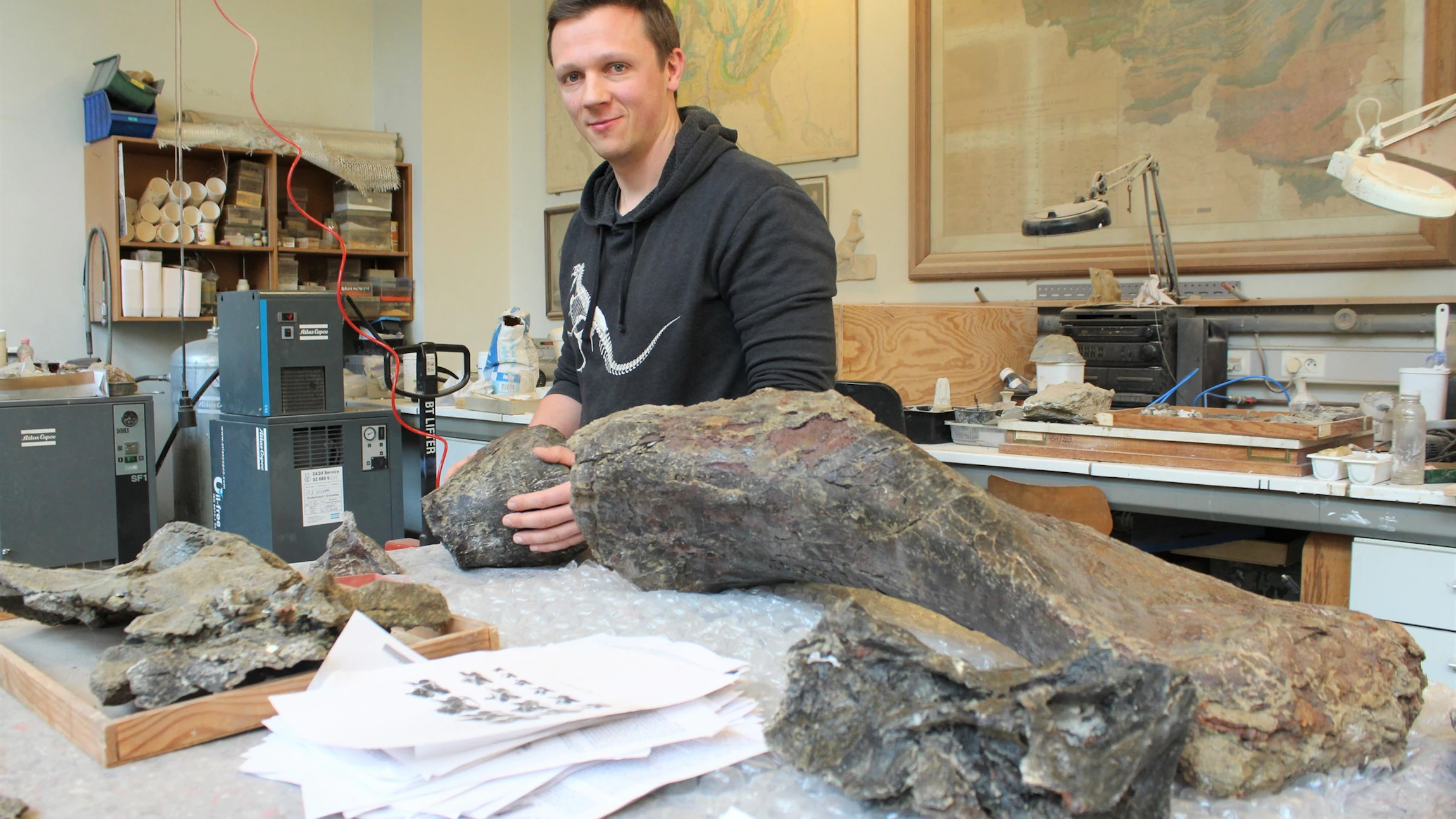 Paleontoloog Koen Stein bij de fossiele botten van Diplodocus Dan