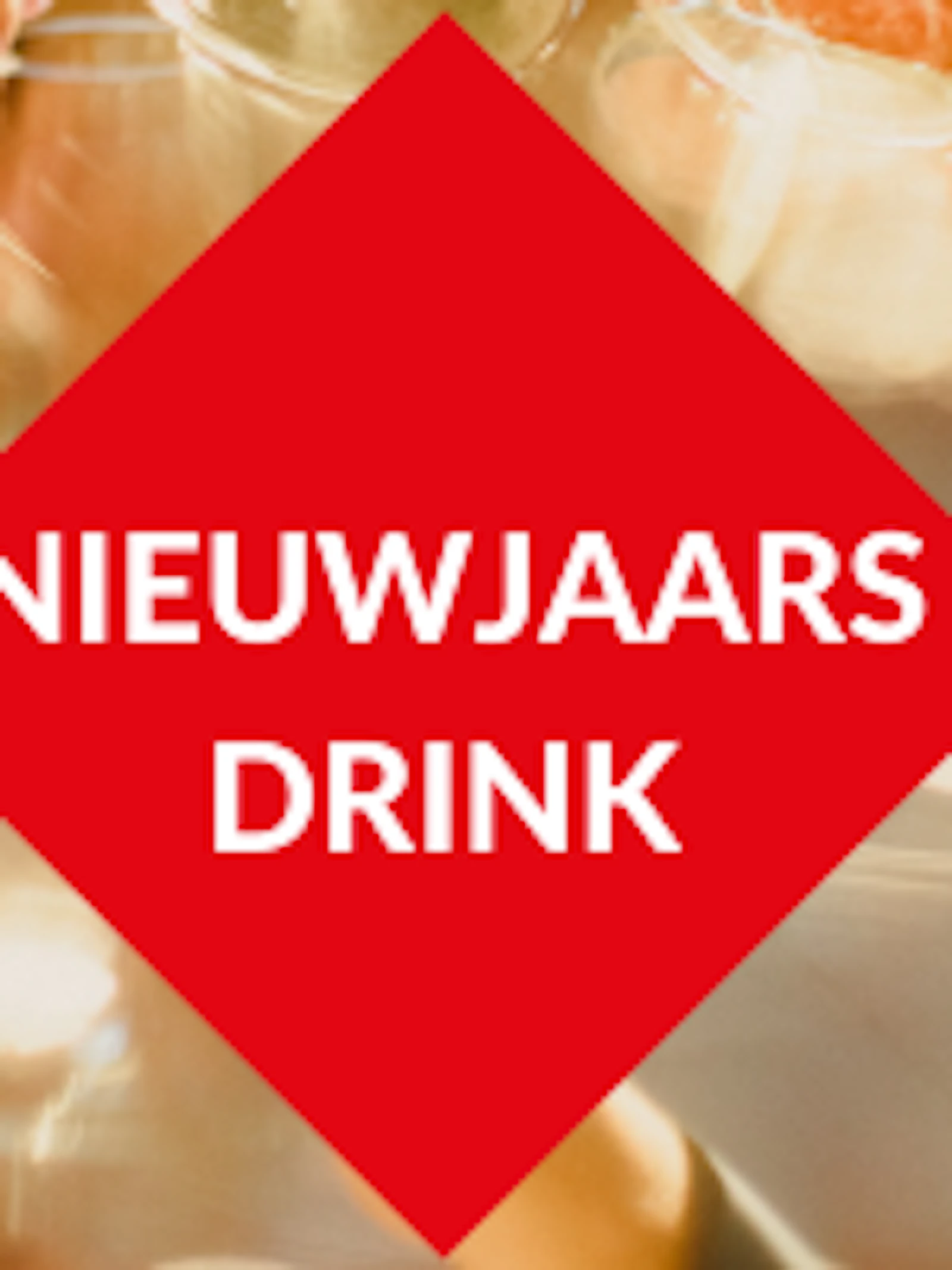 "nieuwjaarsdrink" met achtergrond van klinkende champagneglazen