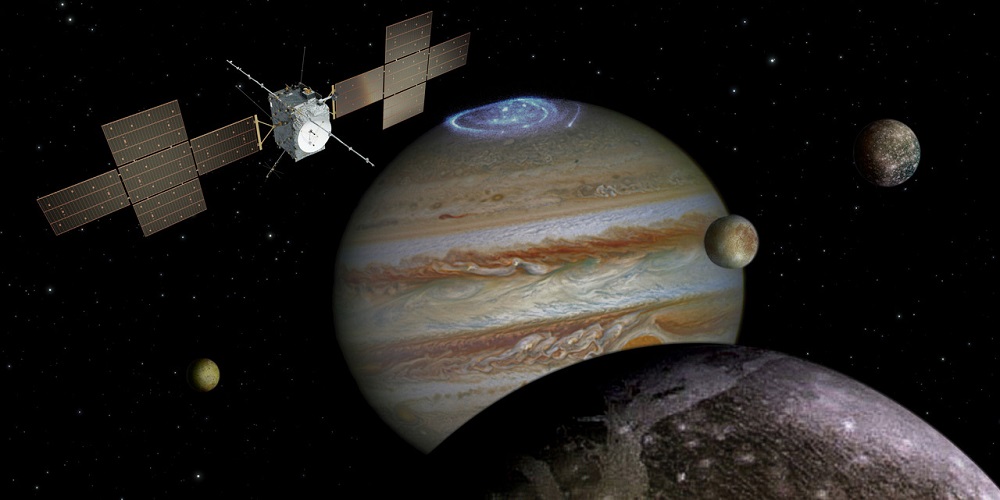 JUICE is een ruimtevaartmissie onderweg naar de ijsmanen van Jupiter. Wetenschappers hopen er sleutels te vinden die het ontstaan van leven in ons zonnestelsel kunnen verklaren. Foto (c) ESA