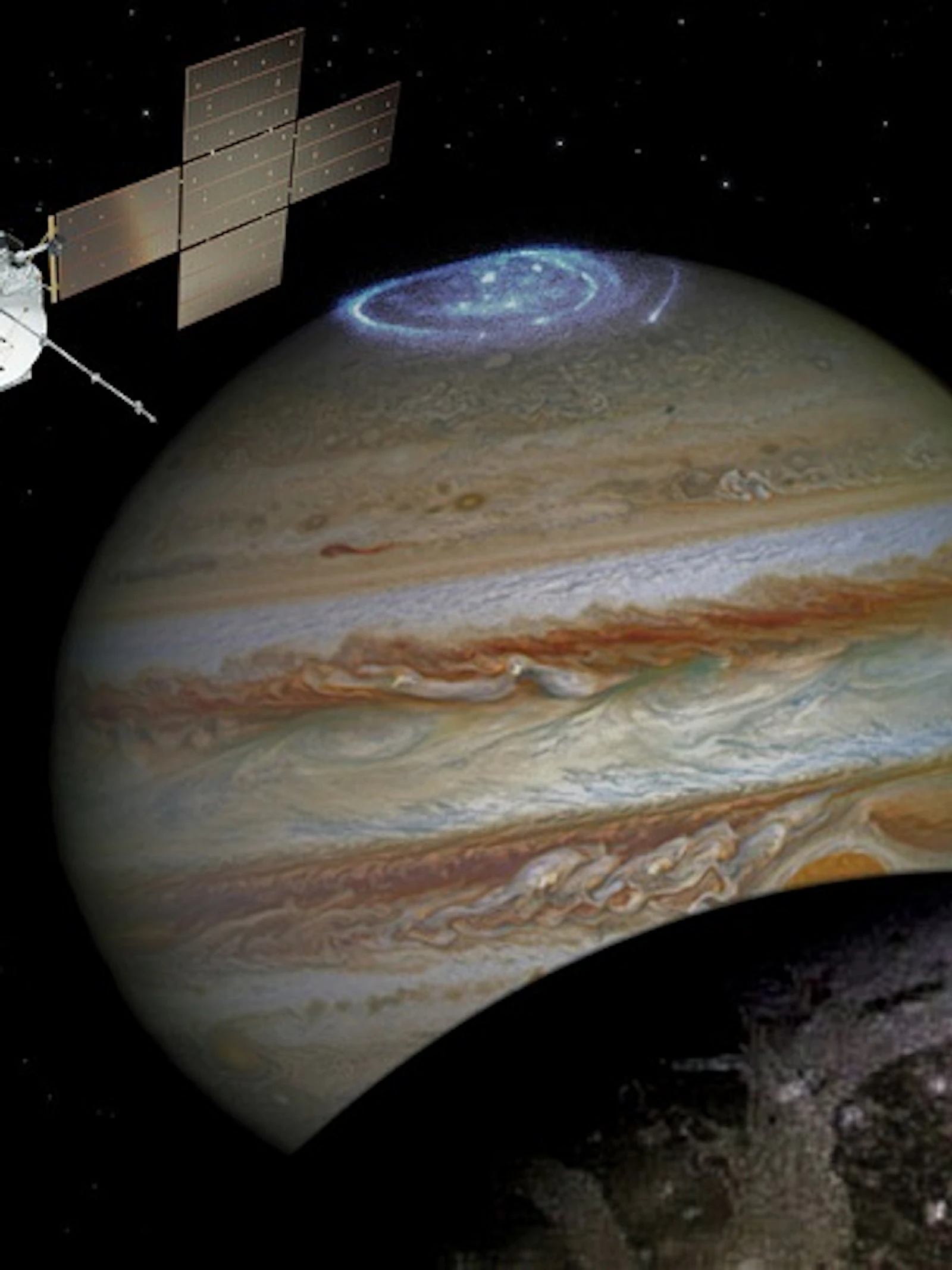 JUICE is een ruimtevaartmissie onderweg naar de ijsmanen van Jupiter. Wetenschappers hopen er sleutels te vinden die het ontstaan van leven in ons zonnestelsel kunnen verklaren. Foto (c) ESA