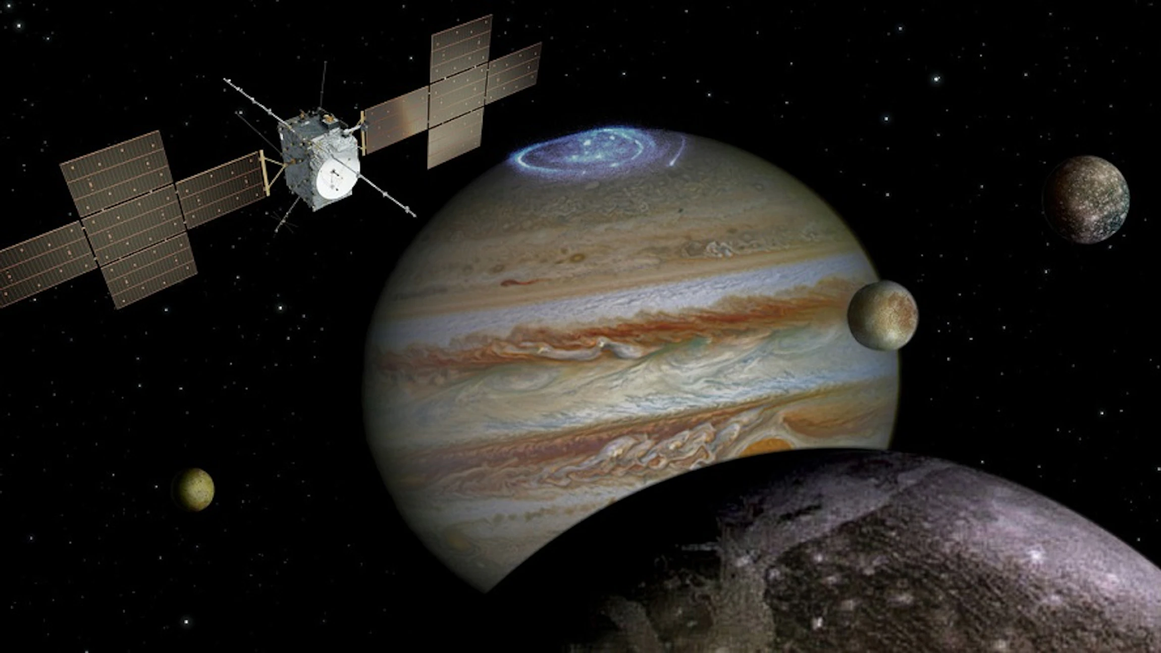 JUICE is een ruimtevaartmissie onderweg naar de ijsmanen van Jupiter. Wetenschappers hopen er sleutels te vinden die het ontstaan van leven in ons zonnestelsel kunnen verklaren. Foto (c) ESA