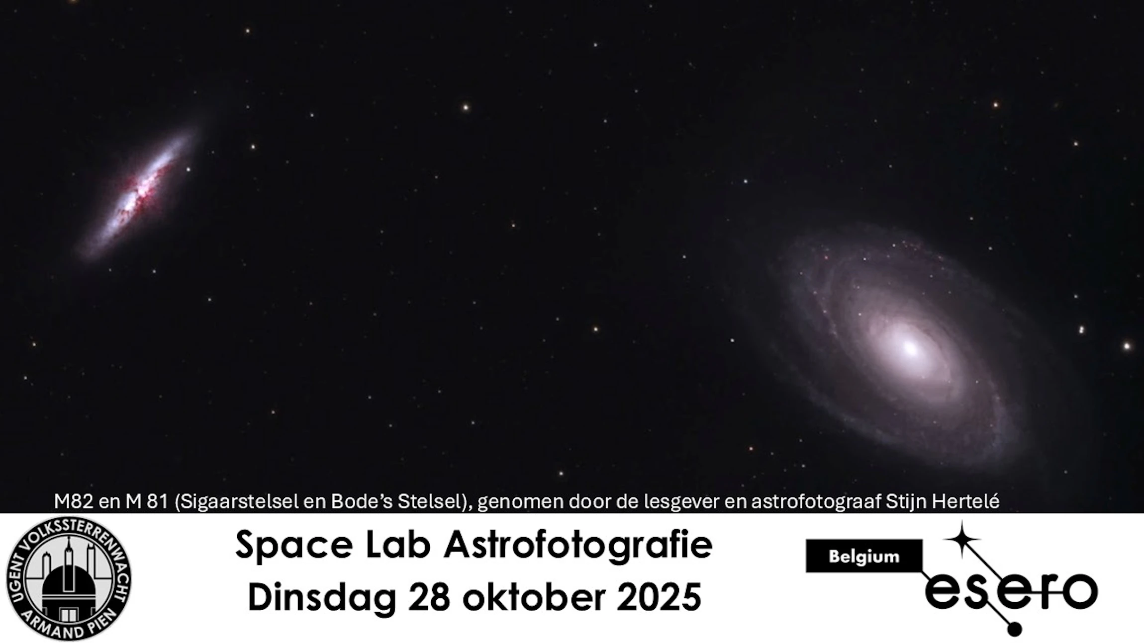 Lesgever en astrofotograaf Stijn Hertelé maakte dit prachtige beeld van M 81 en M 82. Iets voor jouw tiener?