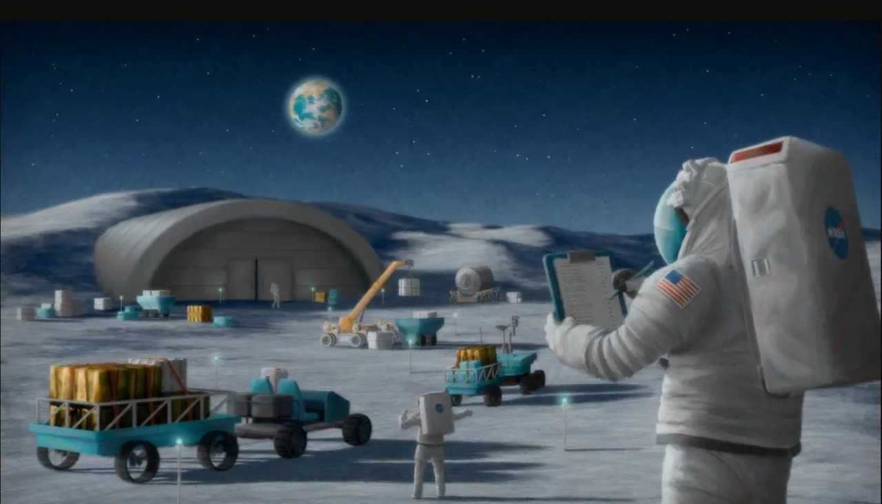 Artistieke impressie van hoe logistiek en transport er op de maan zou kunnen uitzien. Voorlopig zit alles nog in de ontwerpfase (c) NASA