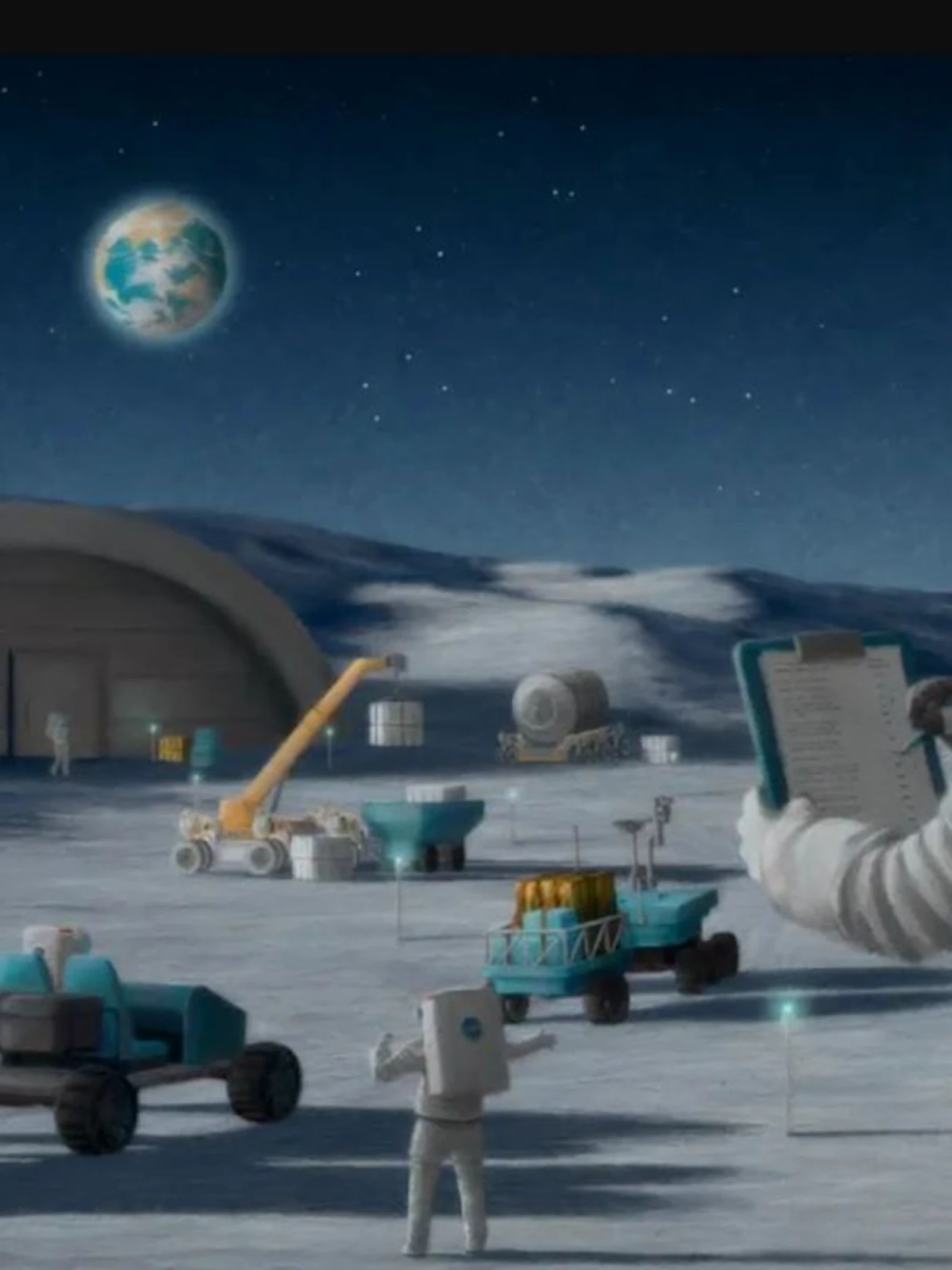 Artistieke impressie van hoe logistiek en transport er op de maan zou kunnen uitzien. Voorlopig zit alles nog in de ontwerpfase (c) NASA