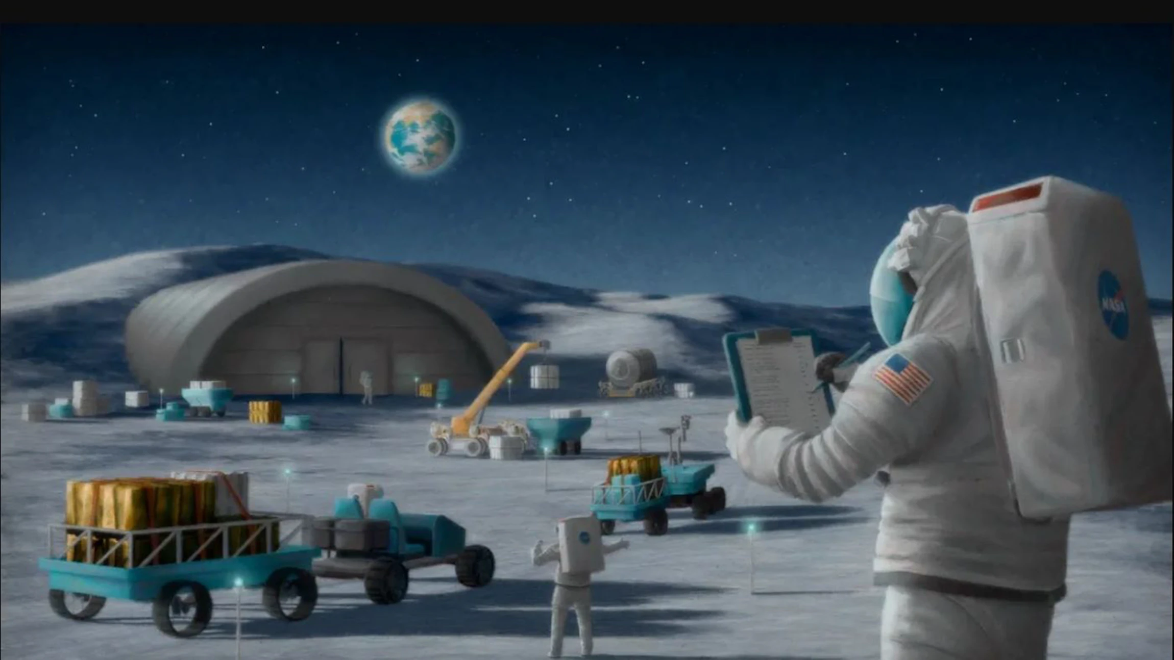 Artistieke impressie van hoe logistiek en transport er op de maan zou kunnen uitzien. Voorlopig zit alles nog in de ontwerpfase (c) NASA