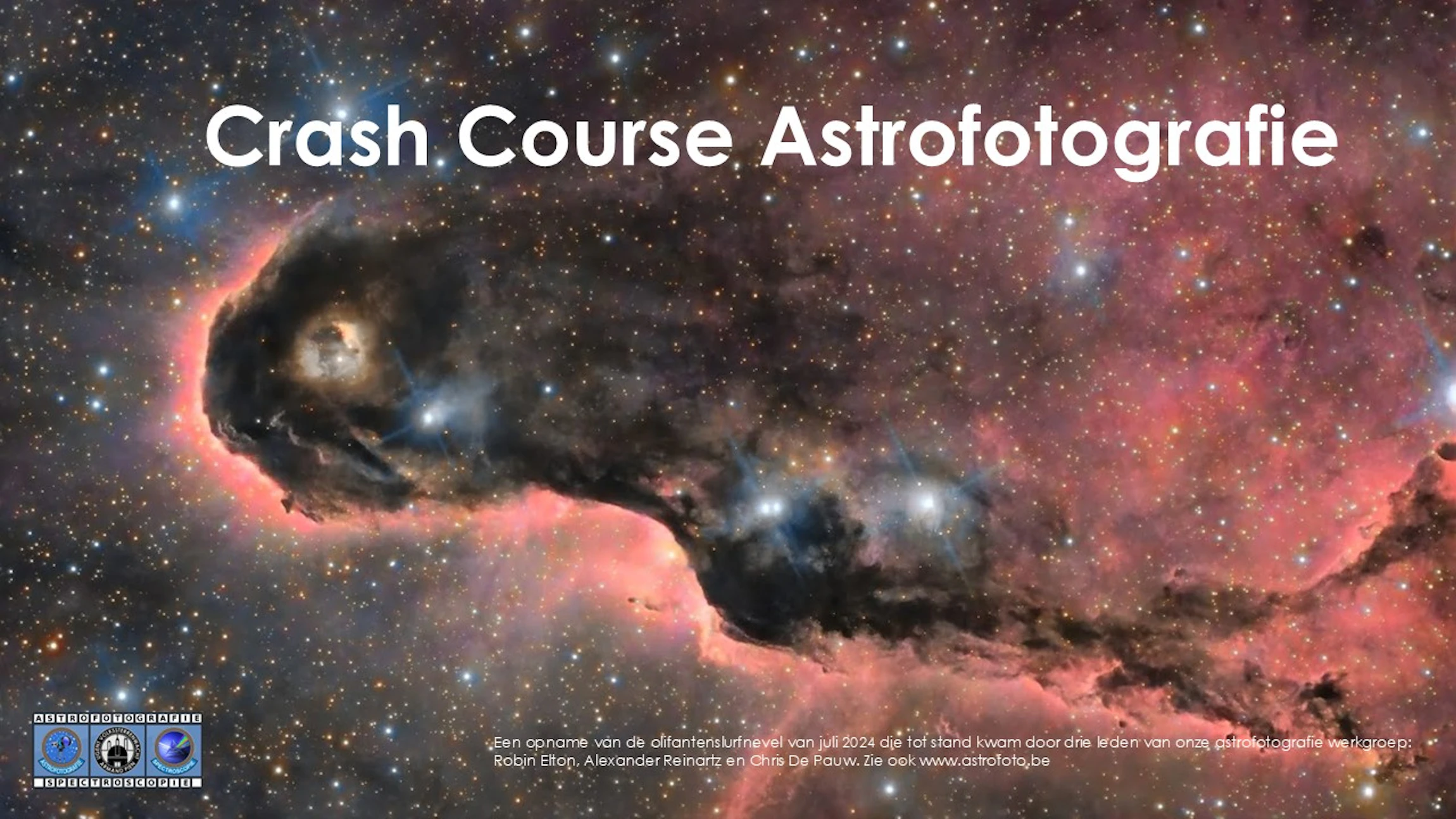 Een opname van de olifantenslurfnevel van juli 2024 die tot stand kwam door drie leden van onze astrofotografie werkgroep: Robin Elton, Alexander Reinartz en Chris De Pauw. Zie ook www.astrofoto.be