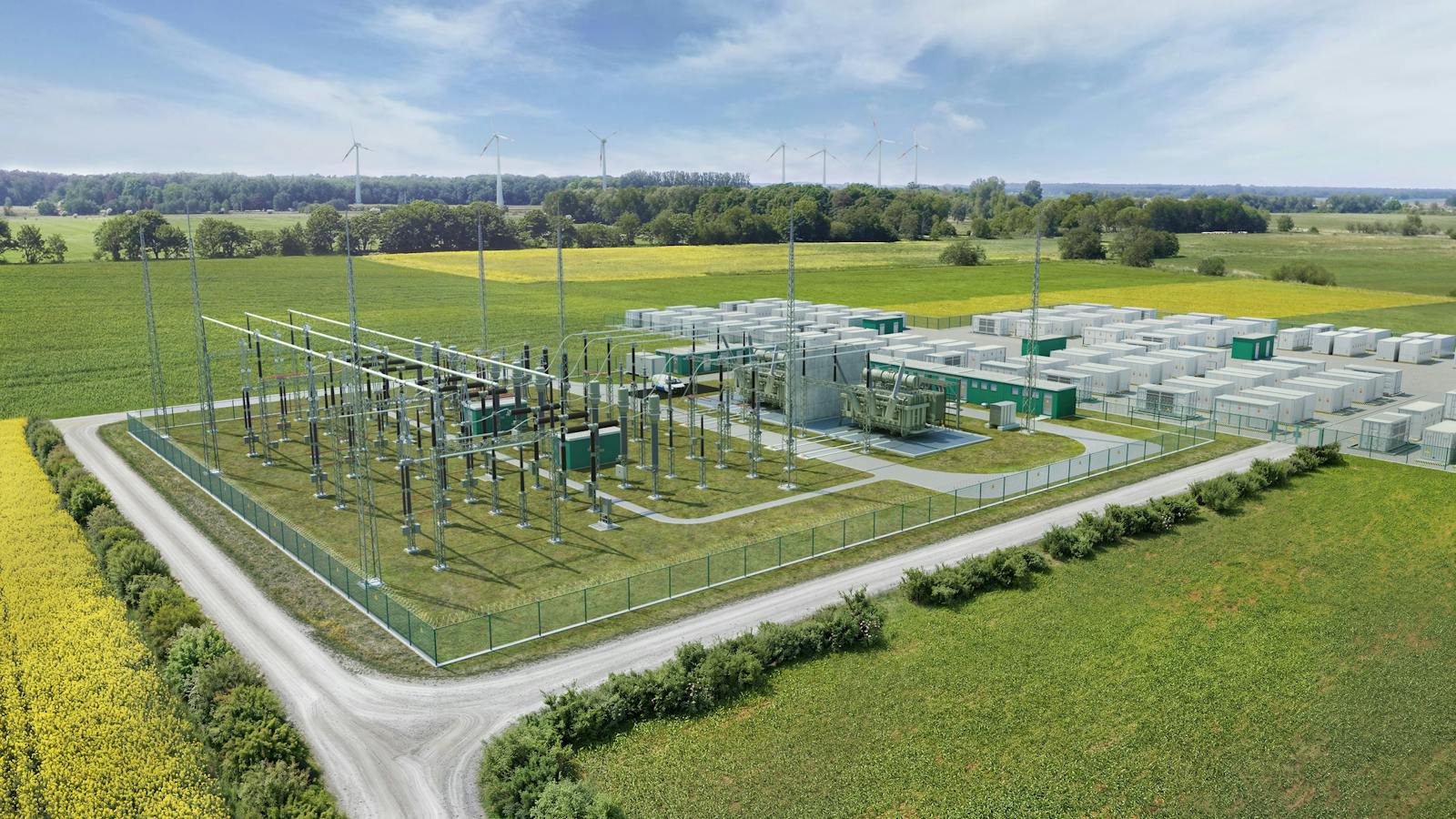 Luftaufnahme eines Großbatteriespeichers (BESS) mit 380-kV-Umspannwerk, Leistungstransformatoren, Hochspannungsschaltanlage und Netzanschlusspunkt sowie Windpark im Hintergrund.