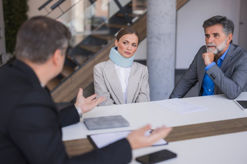 couple talking to a lwayer, woman is wearing a neck collar