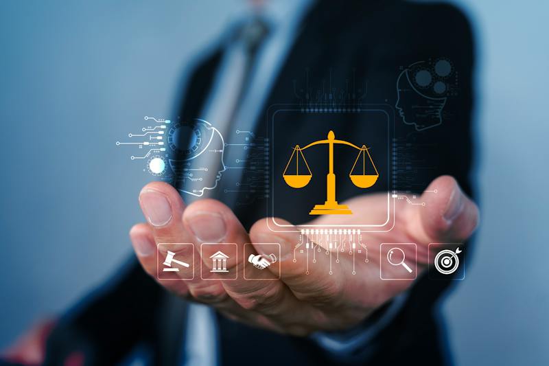 lawyer with hand out and AI icons