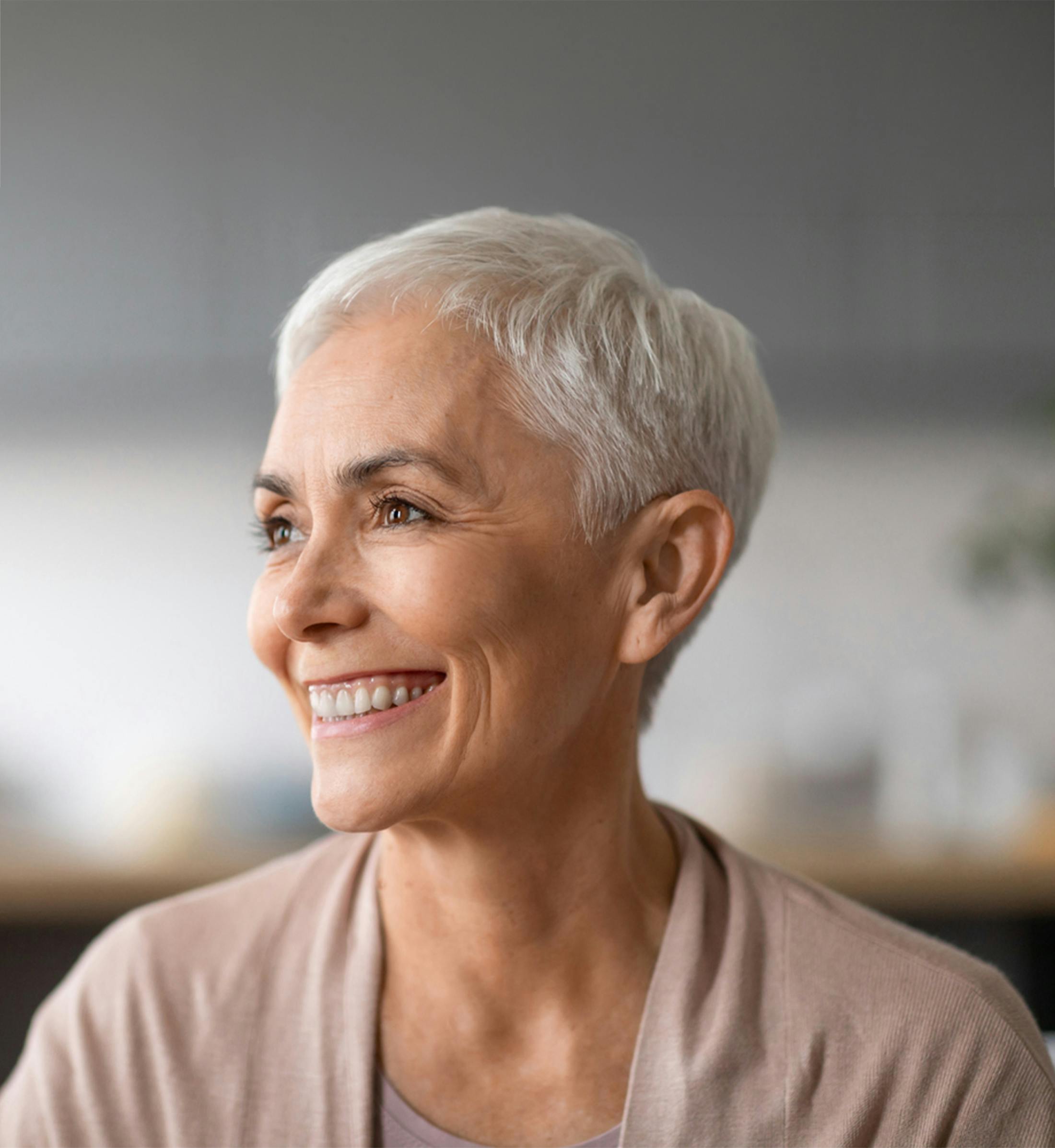 woman smiling to the side