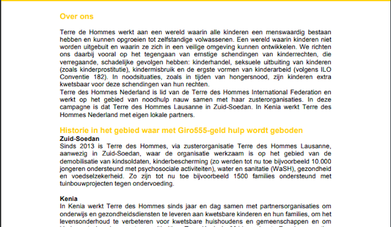 6 maanden rapportage Giro 555 actie &#039;Help slachtoffers hongersnood&#039; Terre des Hommes