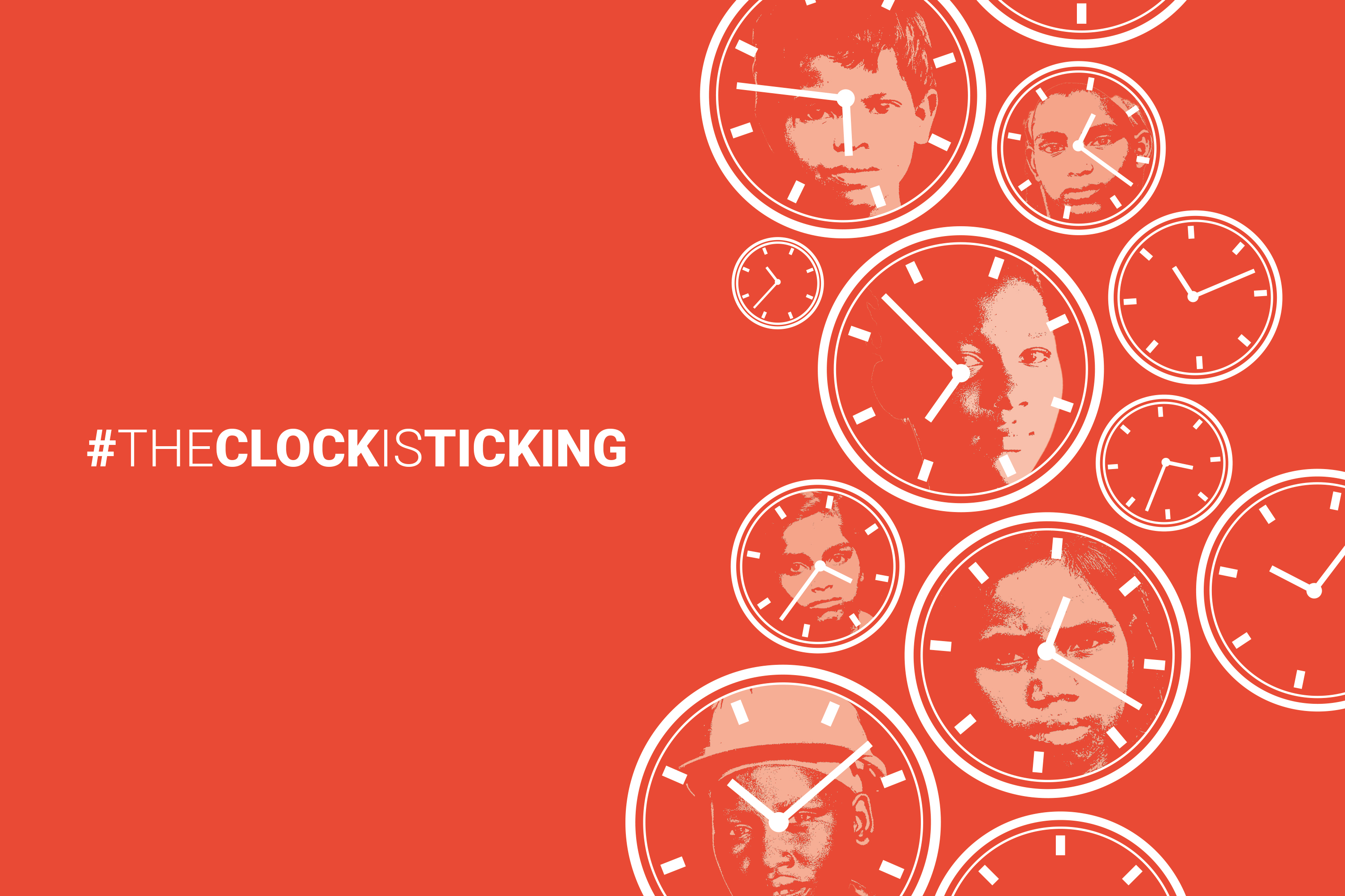 An image with multiple clocks with children faces in it en the text #theclockisticking