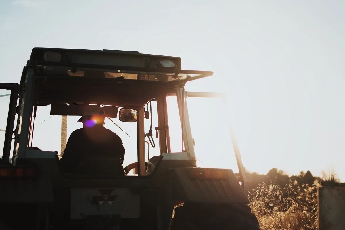 Grower in a tractor cab at sunrise
