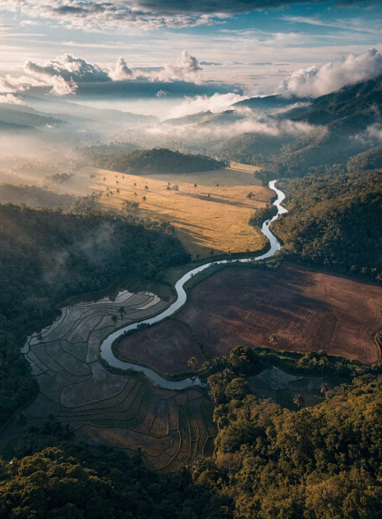 Aerial view of a river winding through cultivated valley terraces at dawn