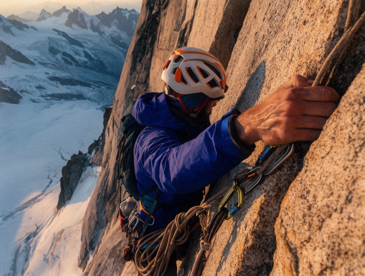 A climber ascending a mountain ridge at first light