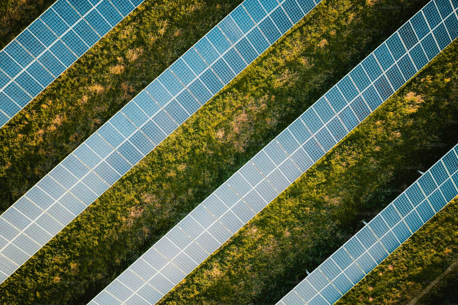 Aerial view of solar panels in a field.