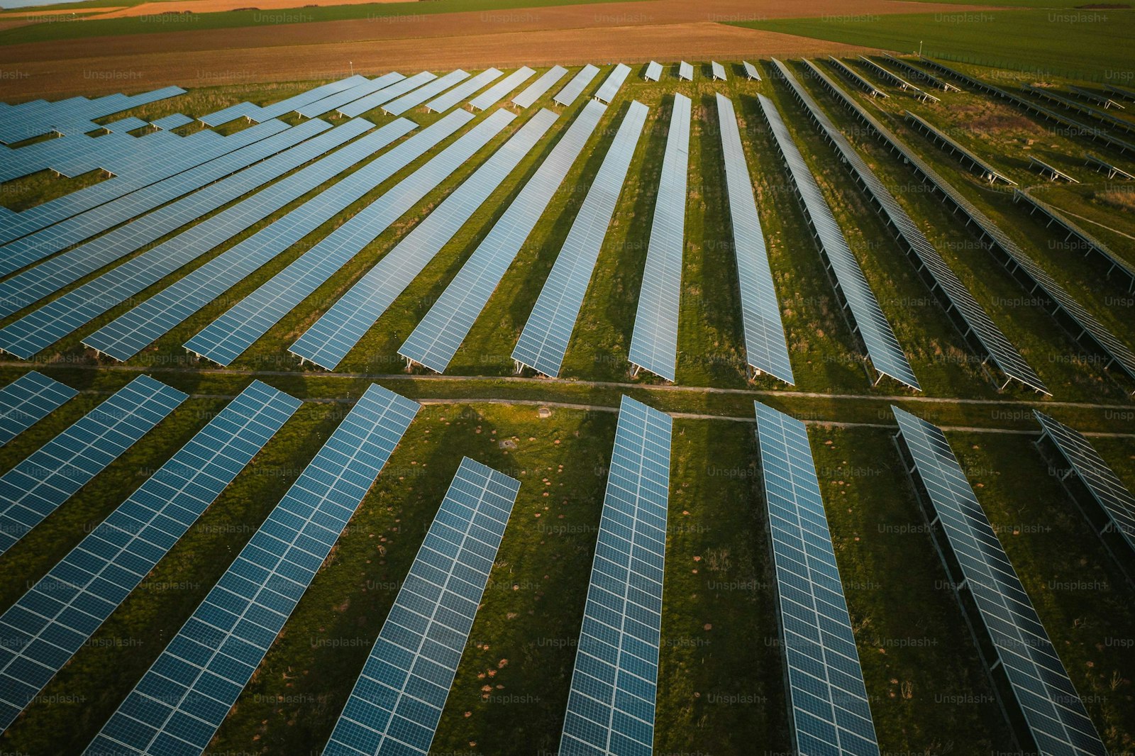 An aerial view of a large solar farm.